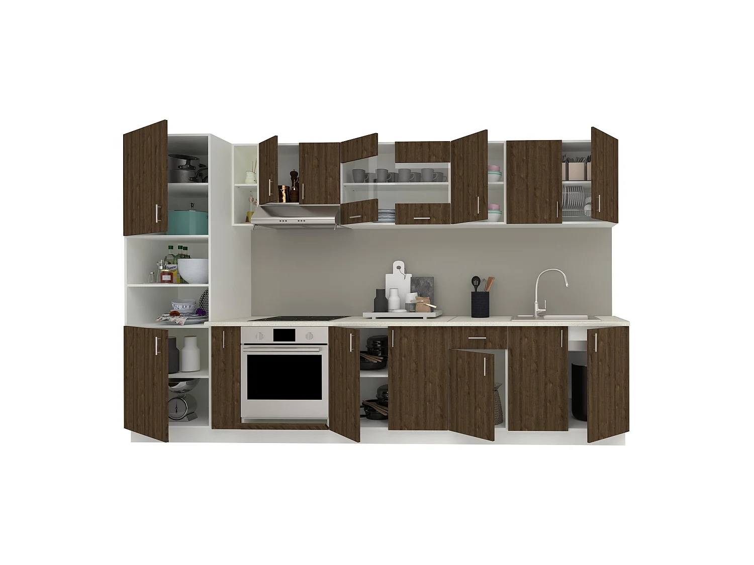 Set Cocina haaus Karo V33, Roble bronce/Blanco, Encimera Thermo 28 mm, L 340 cm