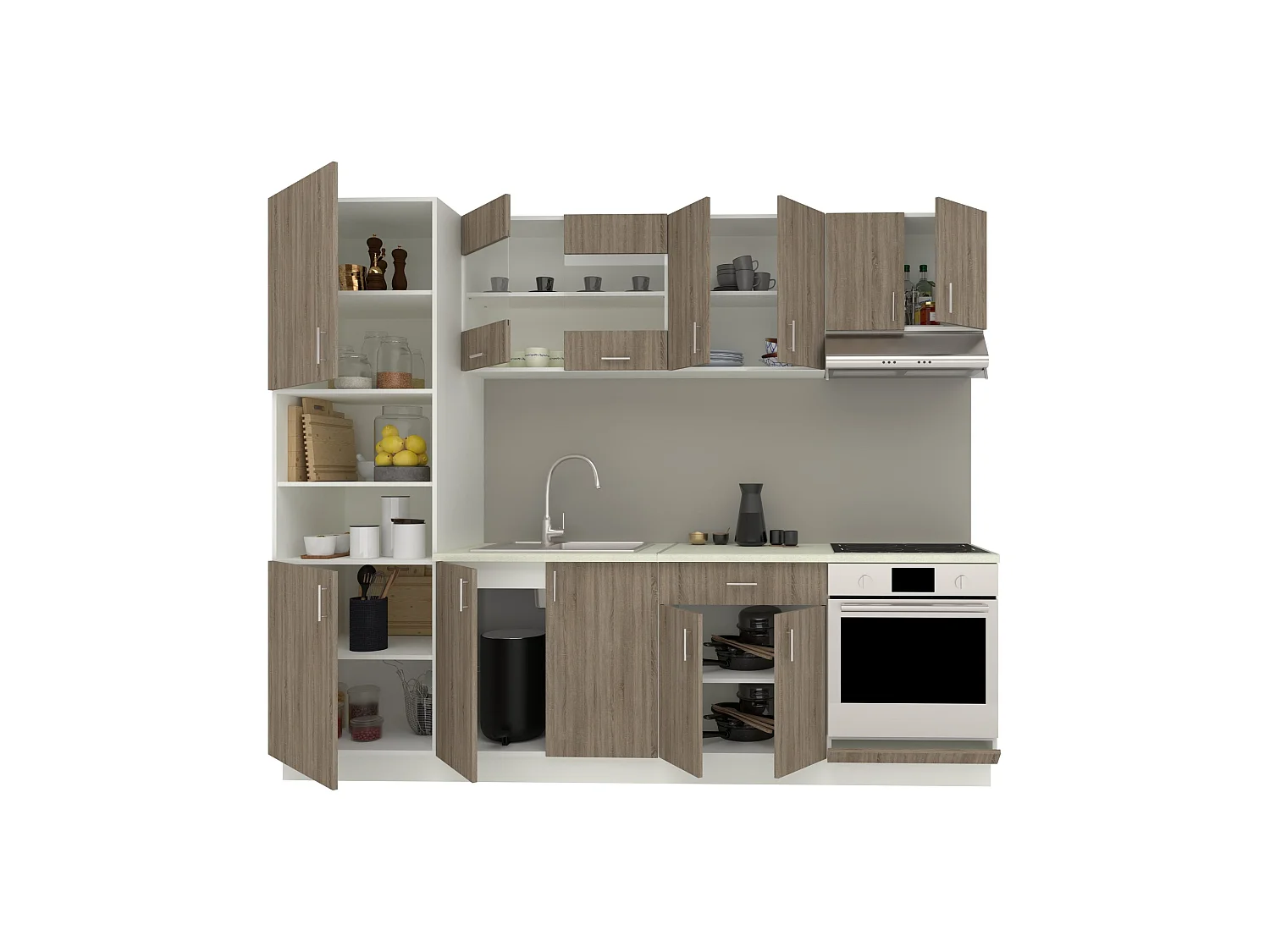 Set Cucina haaus Karo V20, Rovere Sonoma Scuro/Bianco, Piano di lavoro Thermo 28 mm, L 260
