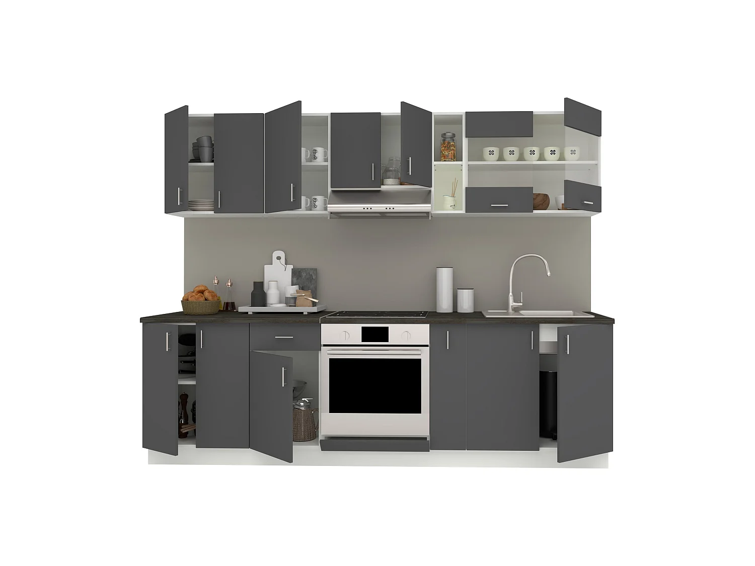 Conjunto de Cozinha haaus Karo V19, Antracite/Branco, Bancada Thermo 28 mm, L 260 cm