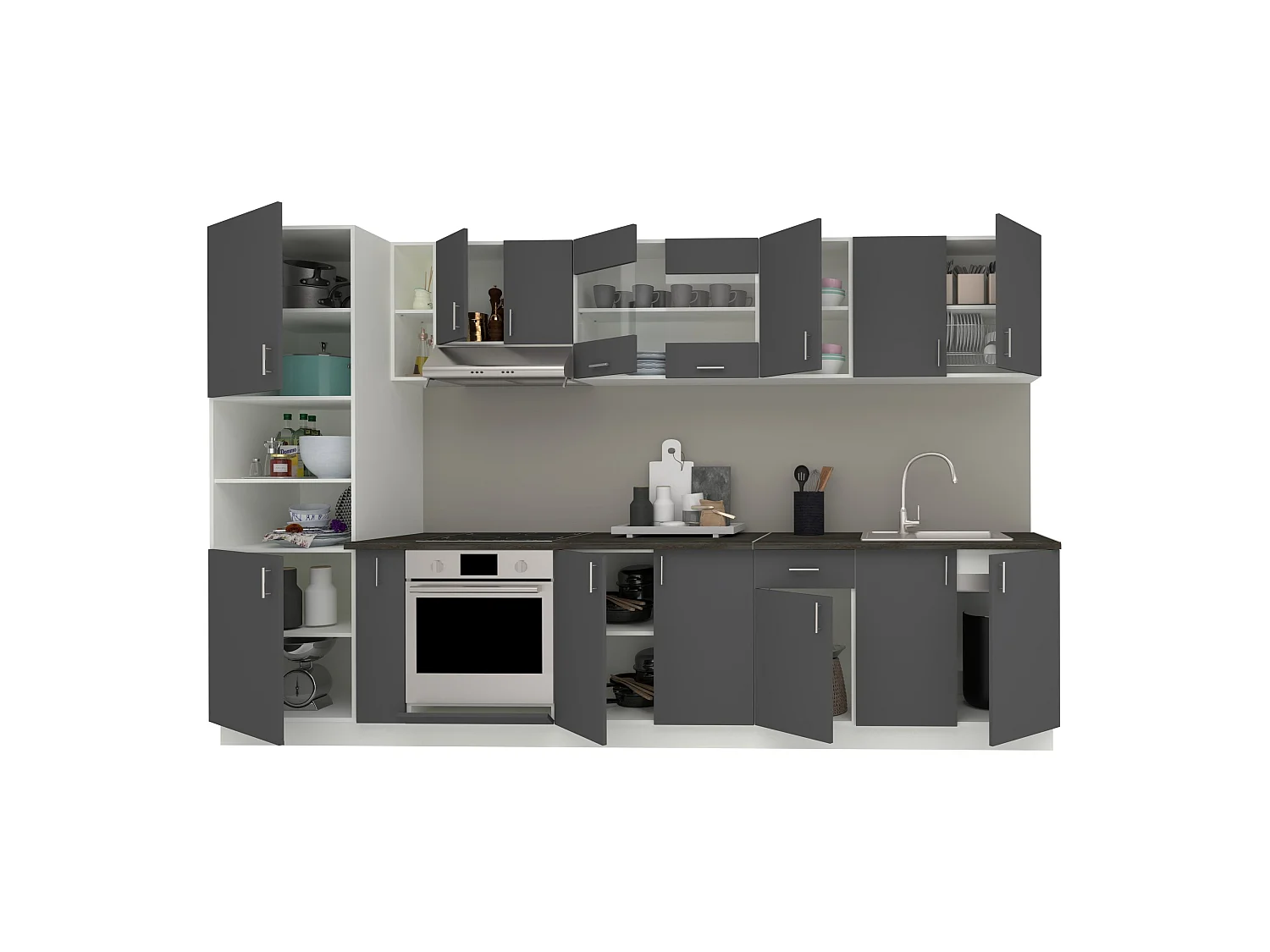 Conjunto Cozinha haaus Karo V33, Antracite/Branco, Tampo Thermo 28 mm, L 340 cm