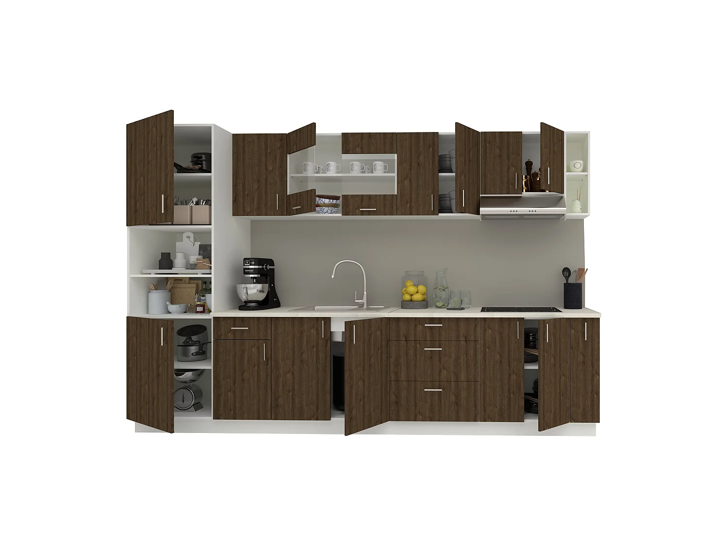 Set Cuisine haaus Karo V29, Chêne bronze/Blanc, Plan de travail Thermo 28 mm, L 320 cm