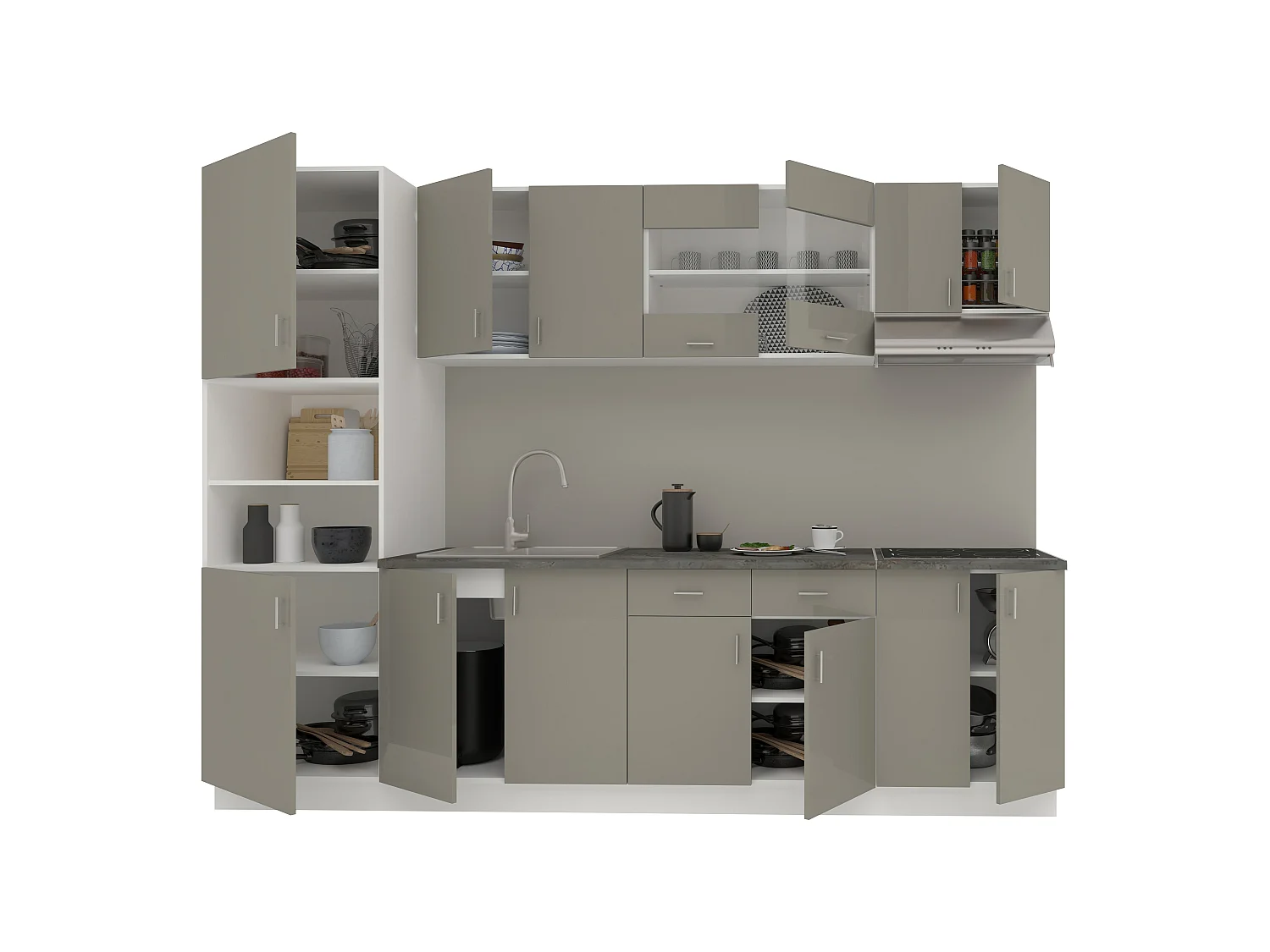 Set Cozinha haaus Karo V23, Cinza Brilhante/Branco, MDF, Tampo Thermo 28 mm, L 280 cm