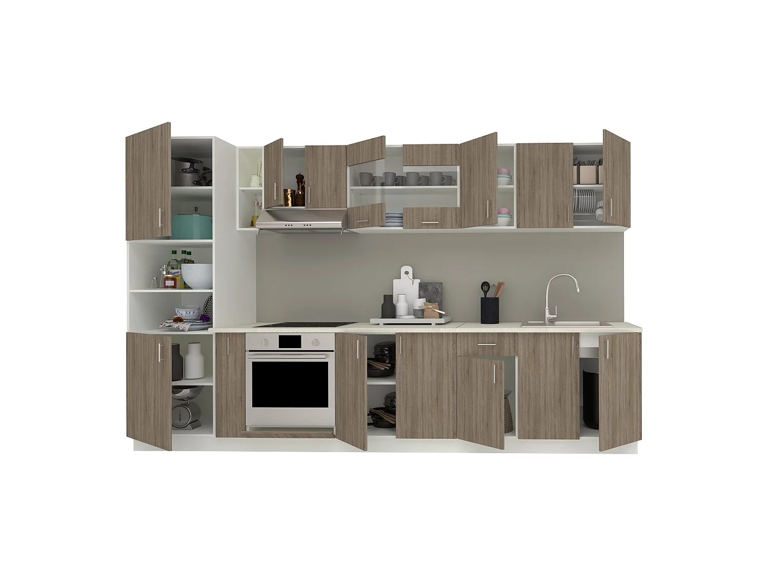 Set Cucina haaus Karo V33, Rovere Sonoma Scuro/Bianco, Piano di lavoro Thermo 28 mm, L 340
