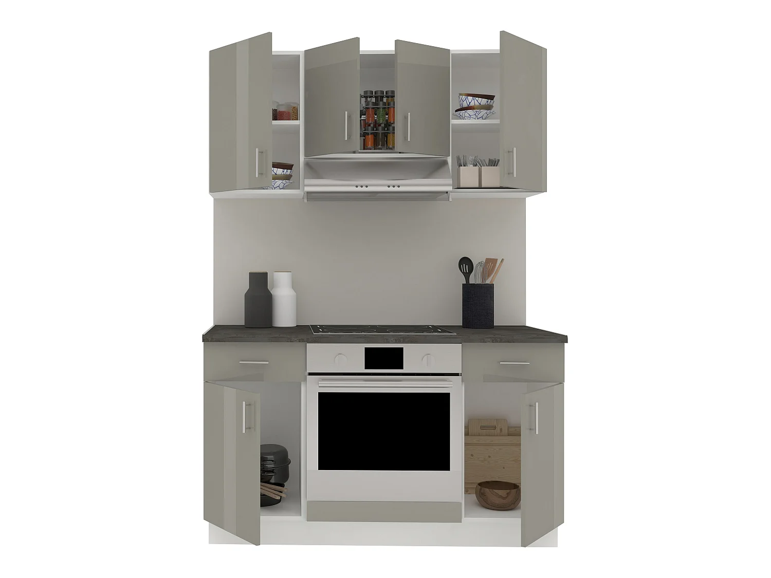 Set Cozinha haaus Karo V5, Cinza Brilhante/Branco, MDF, Tampo Thermo 28 mm, L 140 cm