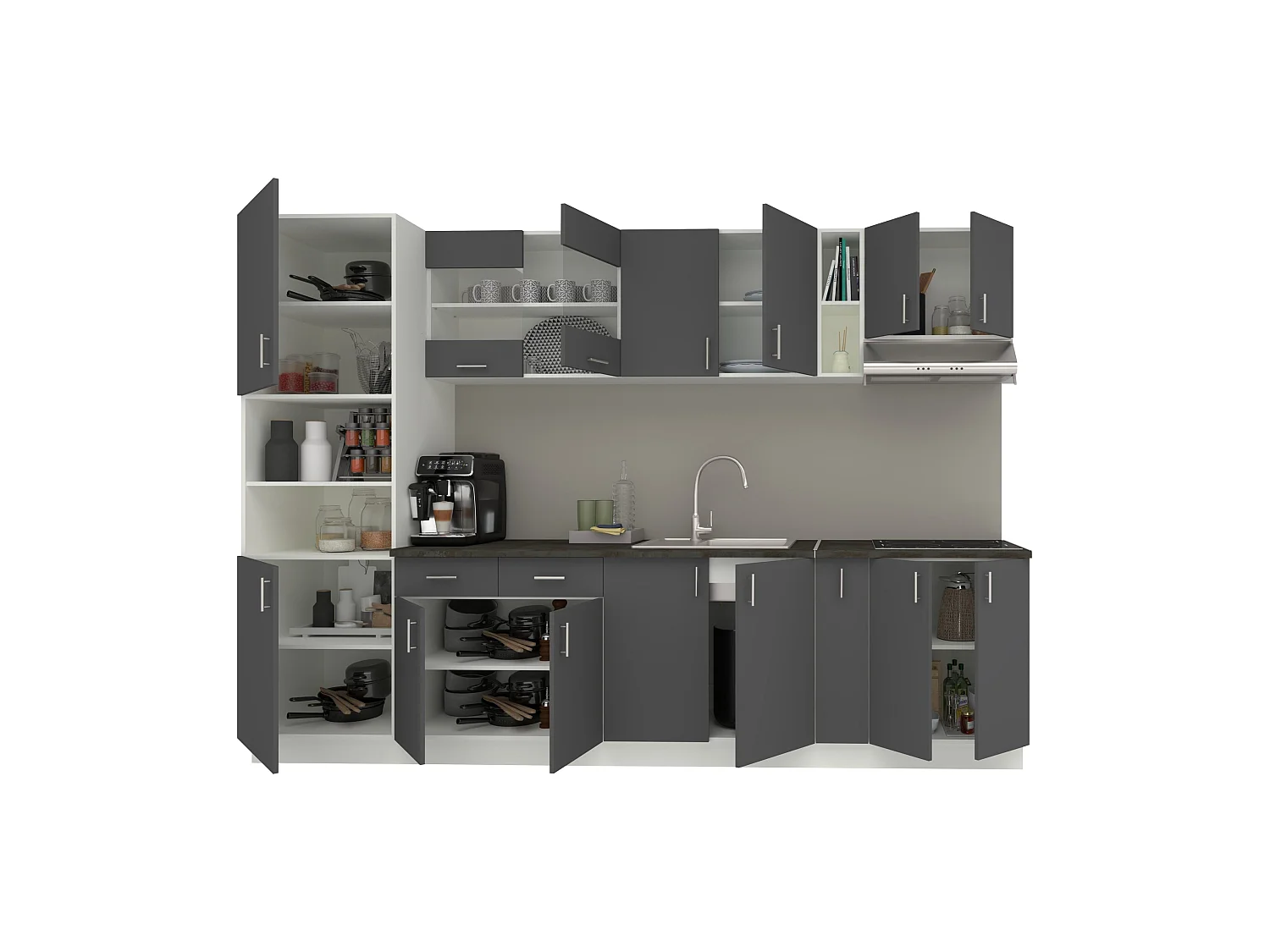Conjunto Cozinha haaus Karo V26, Antracite/Branco, Tampo Thermo 28 mm, L 300 cm