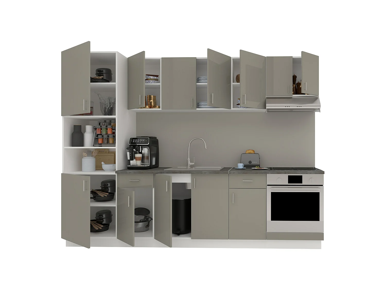Set Cozinha haaus Karo V24, Cinza Brilhante/Branco, MDF, Tampo Thermo 28 mm, L 280 cm