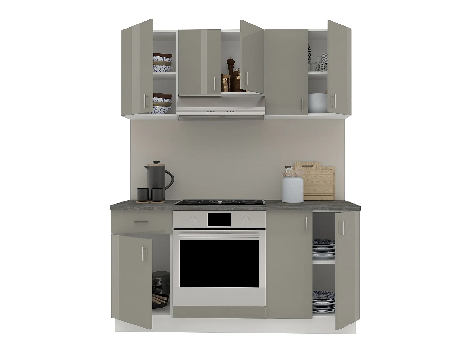 Set Cozinha haaus Karo V6, Cinza Brilhante/Branco, MDF, Tampo Thermo 28 mm, L 160 cm