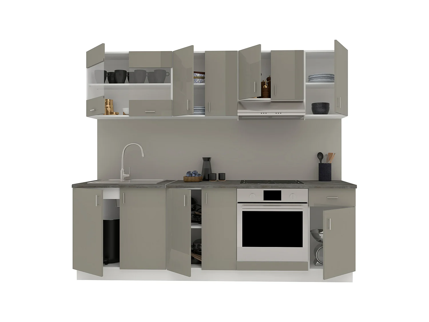 Set Cozinha haaus Karo V15, Cinza Brilhante/Branco, MDF, Tampo Thermo 28 mm, L 240 cm