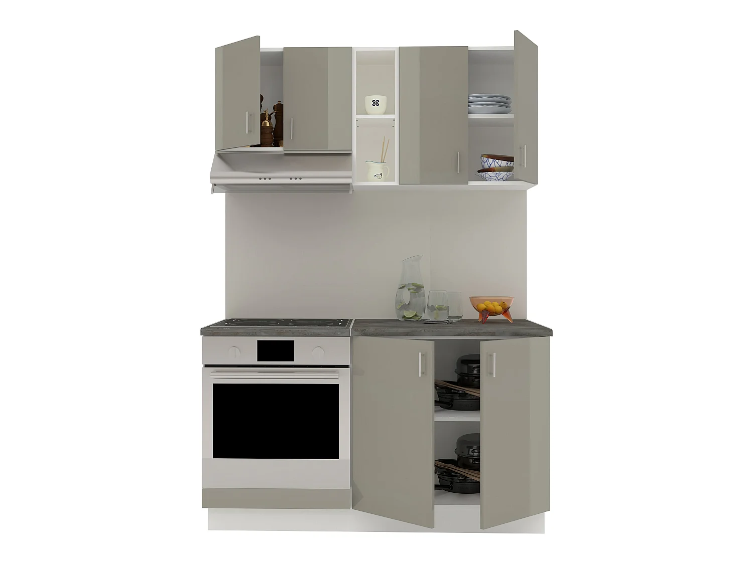 Set Cuisine haaus Karo V4, Gris Brillant/Blanc, MDF, Plan de travail Thermo 28 mm, L 140 cm