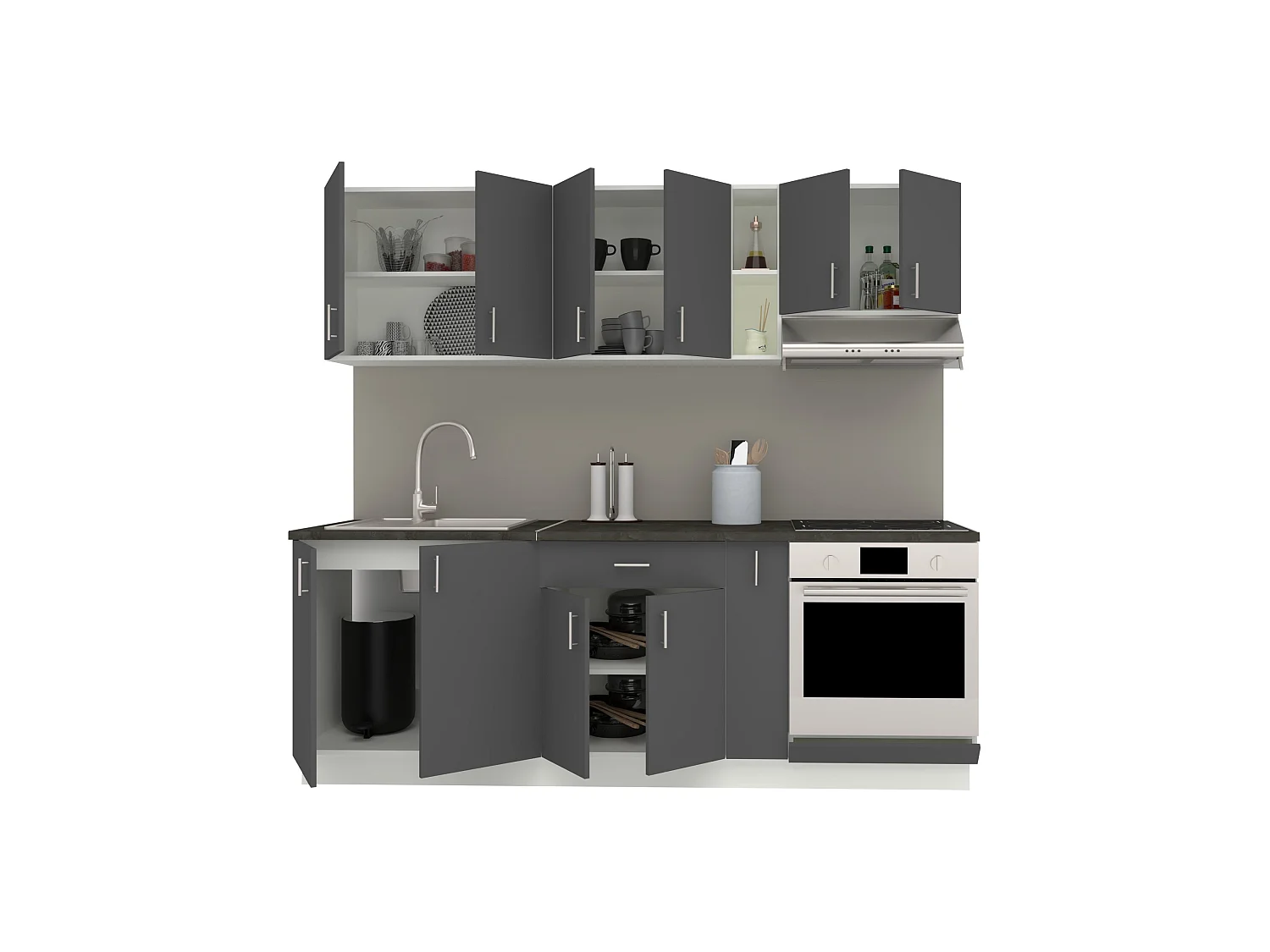 Conjunto de Cozinha haaus Karo V14, Antracite/Branco, Bancada Thermo 28 mm, L 220 cm