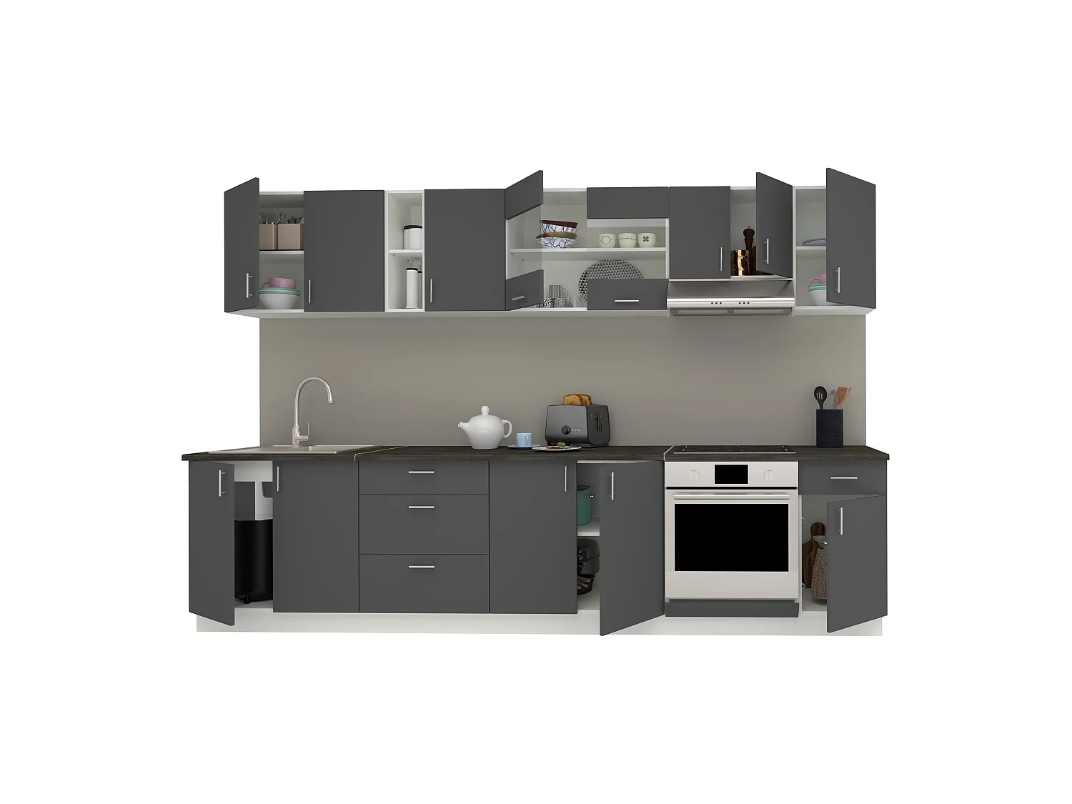 Conjunto Cozinha haaus Karo V28, Antracite/Branco, Tampo Thermo 28 mm, L 320 cm
