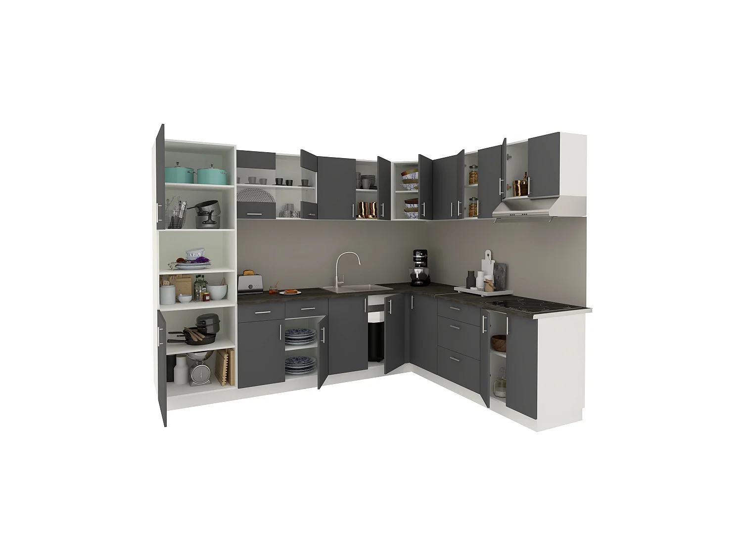 Set Cocina haaus Esquina Karo V36, Antracita/Blanco, Encimera Thermo 28 mm, L 280 x 220 cm
