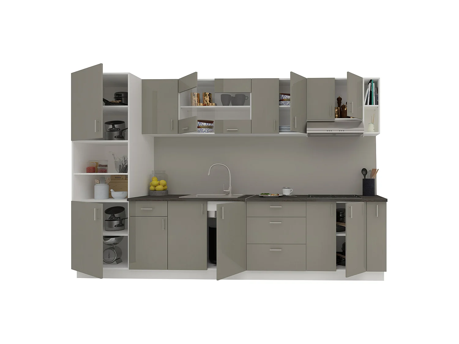 Set Cozinha haaus Karo V29, Cinza Brilhante/Branco, MDF, Tampo Thermo 28 mm, L 320 cm