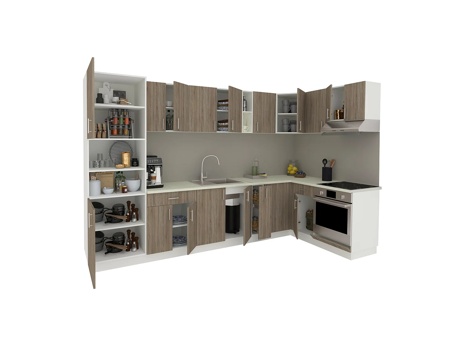 Conjunto de Cozinha haaus Karo V35, Carvalho Sonoma Escuro/Branco, Bancada Thermo 28 mm, L 320 x 160