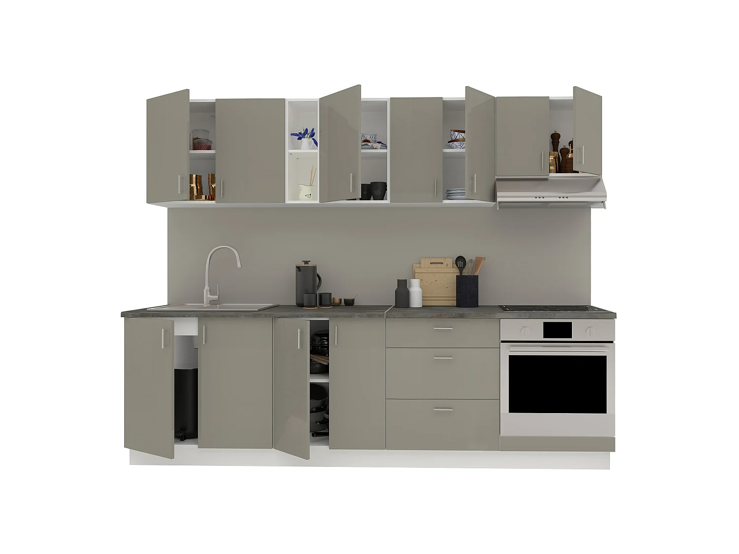 Set Cozinha haaus Karo V18, Cinza Brilhante/Branco, MDF, Tampo Thermo 28 mm, L 260 cm