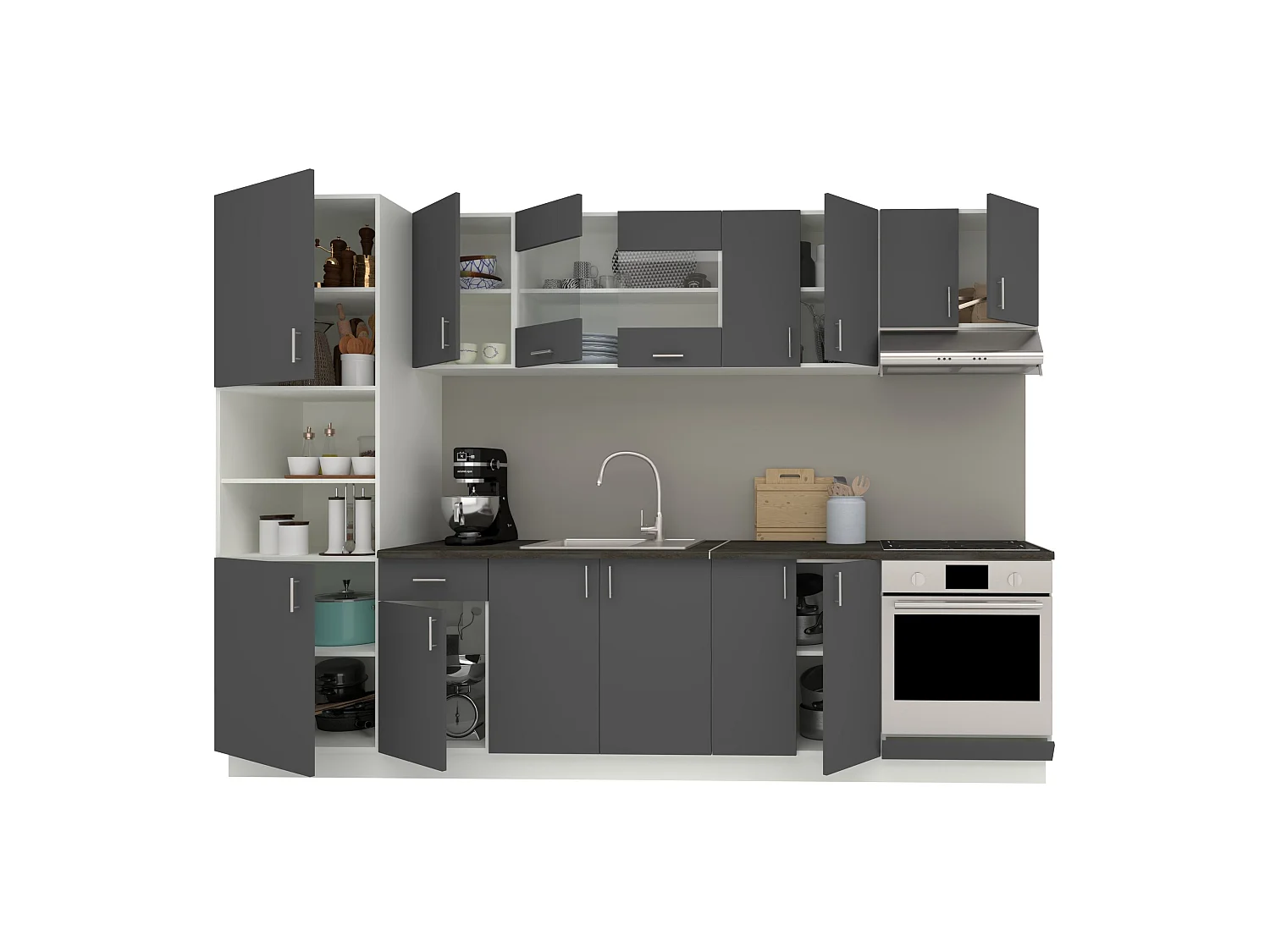 Conjunto Cozinha haaus Karo V27, Antracite/Branco, Tampo Thermo 28 mm, L 300 cm