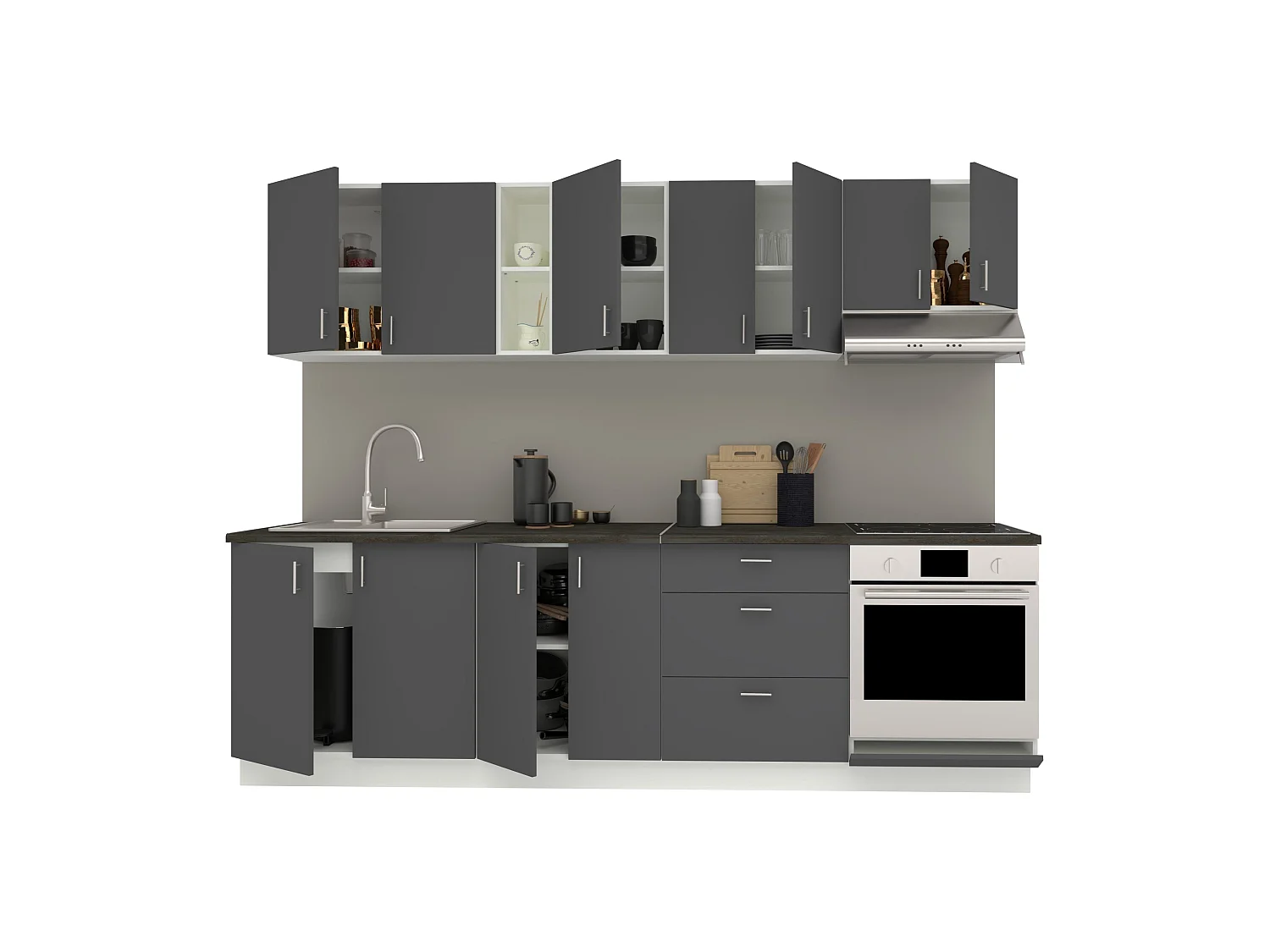 Conjunto de Cozinha haaus Karo V18, Antracite/Branco, Bancada Thermo 28 mm, L 260 cm