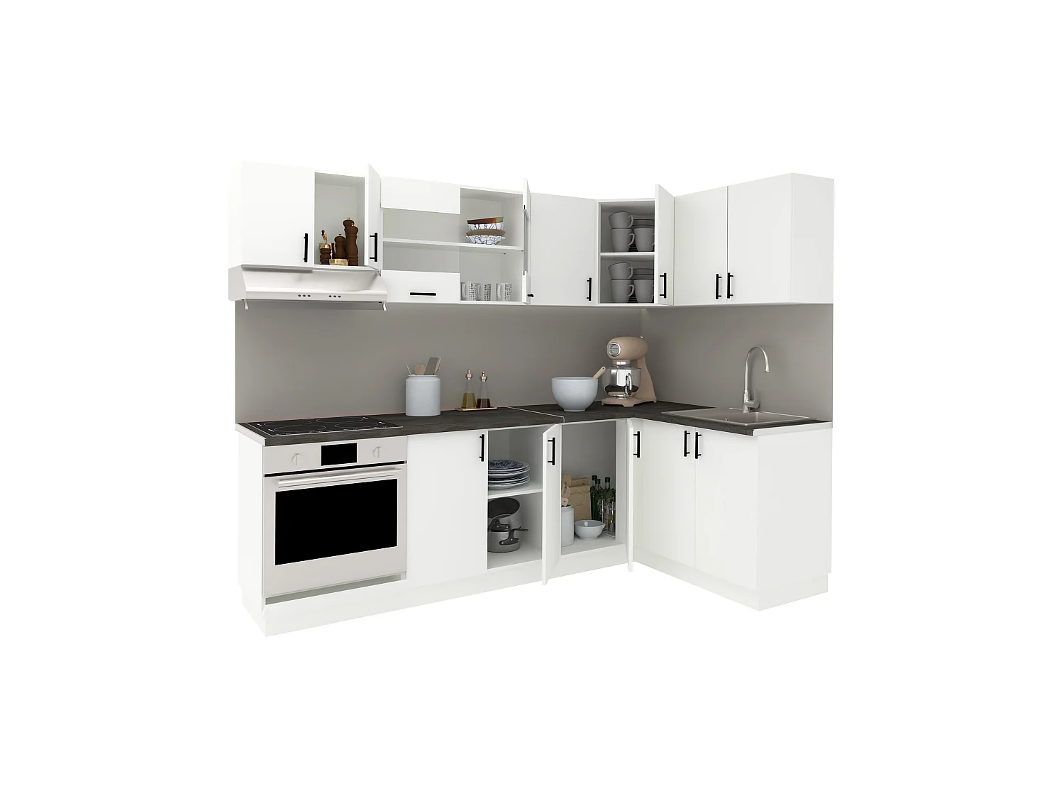 Set Cocina haaus esquinera Karo V34, Blanco, Encimera Thermo 28 mm, L 240 x 140 cm