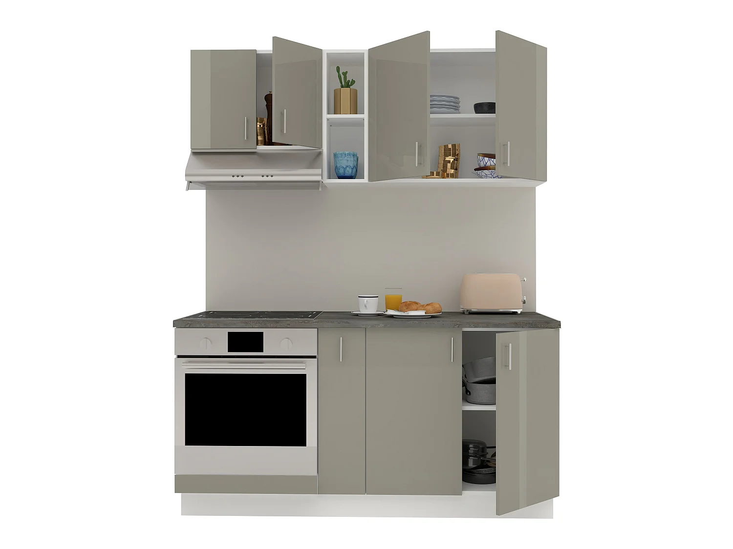 Set Cozinha haaus Karo V7, Cinza Brilhante/Branco, MDF, Tampo Thermo 28 mm, L 160 cm