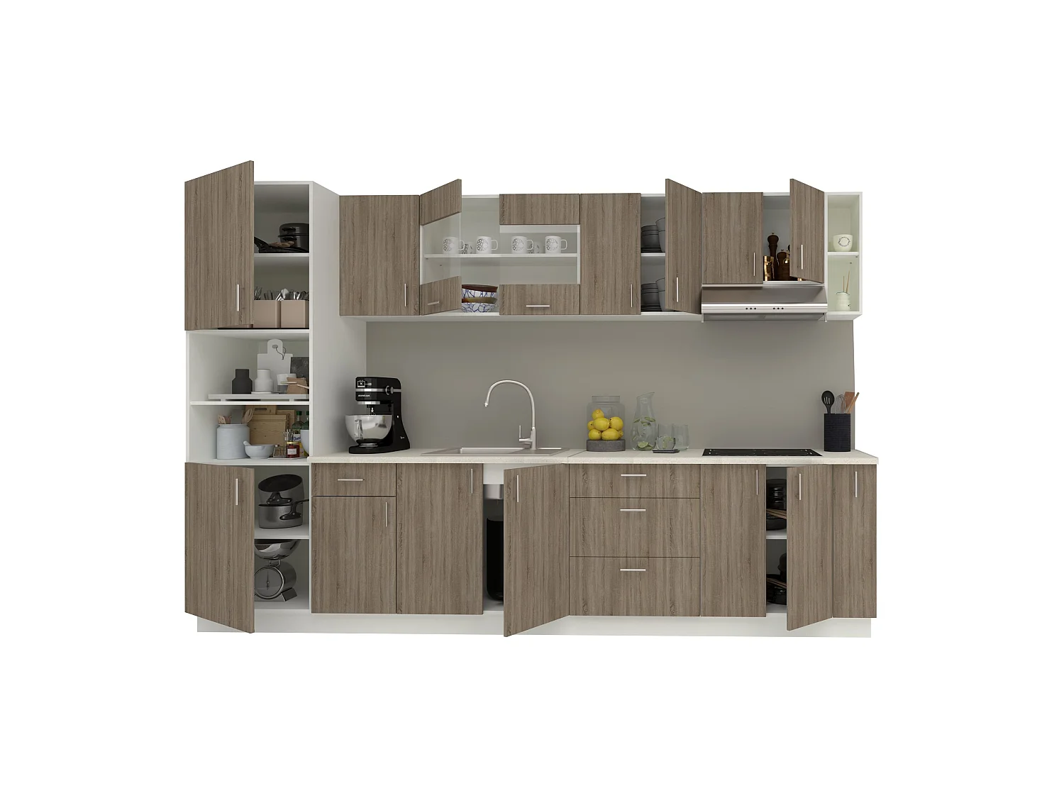 Set Cucina haaus Karo V29, Rovere Sonoma Scuro/Bianco, Piano di lavoro Thermo 28 mm, L 320