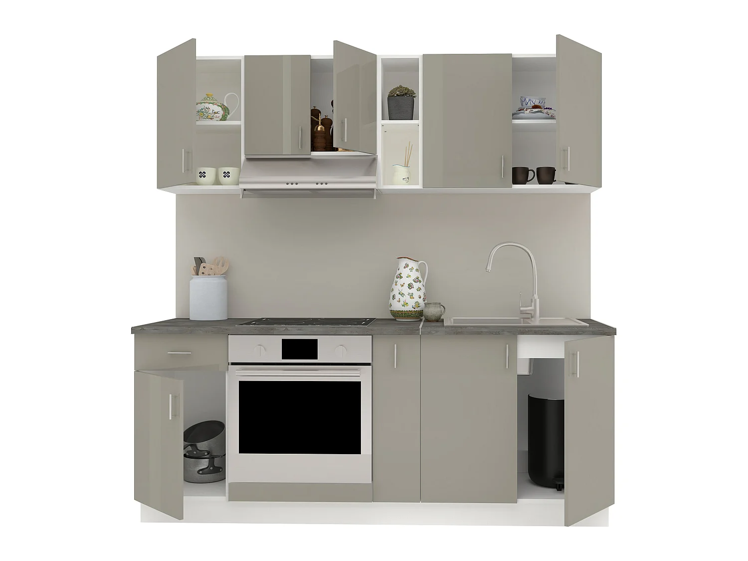 Set Cozinha haaus Karo V11, Cinza Brilhante/Branco, MDF, Tampo Thermo 28 mm, L 200 cm