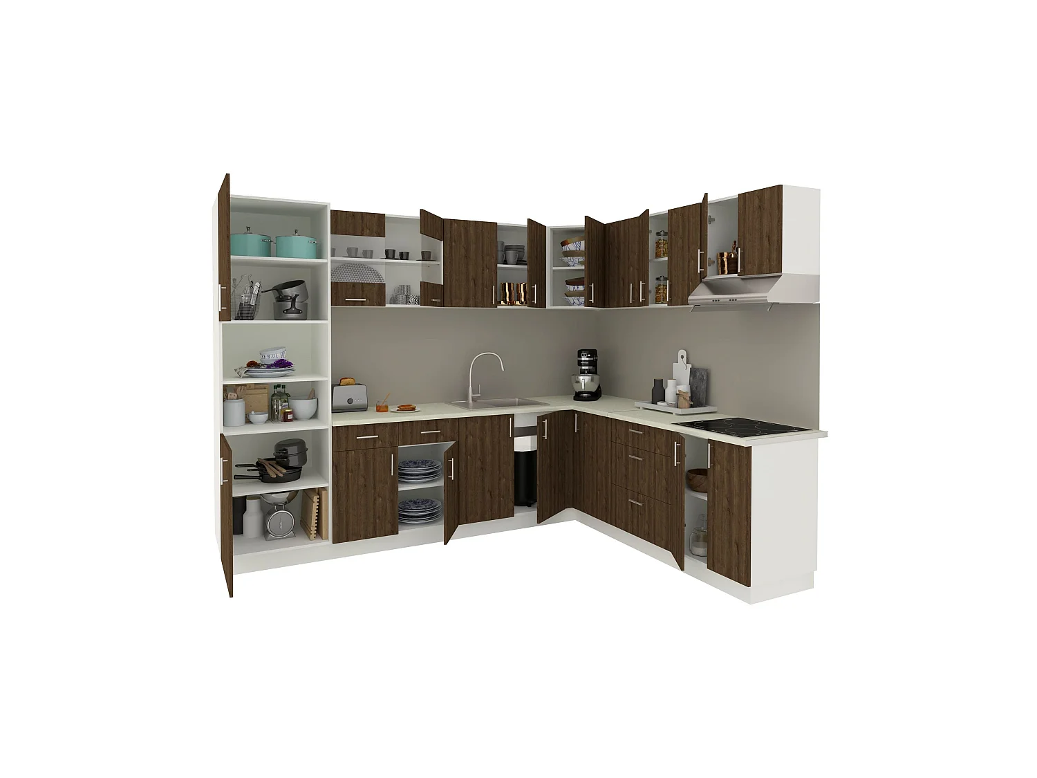 Set Cuisine haaus Karo V36, Chêne bronze/Blanc, Plan de travail Thermo 28 mm, L 280 x 220 cm
