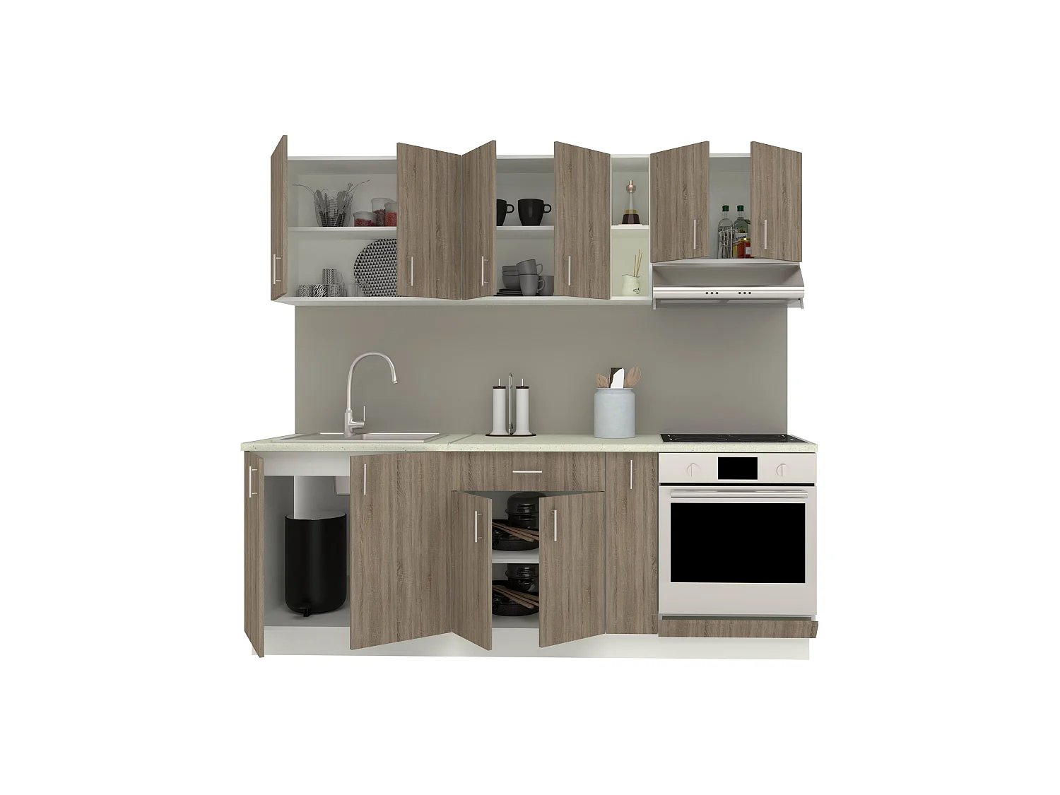 Set Cucina haaus Karo V14, Rovere Sonoma Scuro/Bianco, Piano di lavoro Thermo 28 mm, L 220