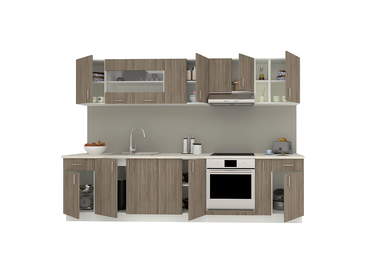 Set Cucina haaus Karo V25, Rovere Sonoma Scuro/Bianco, Piano di lavoro Thermo 28 mm, L 300