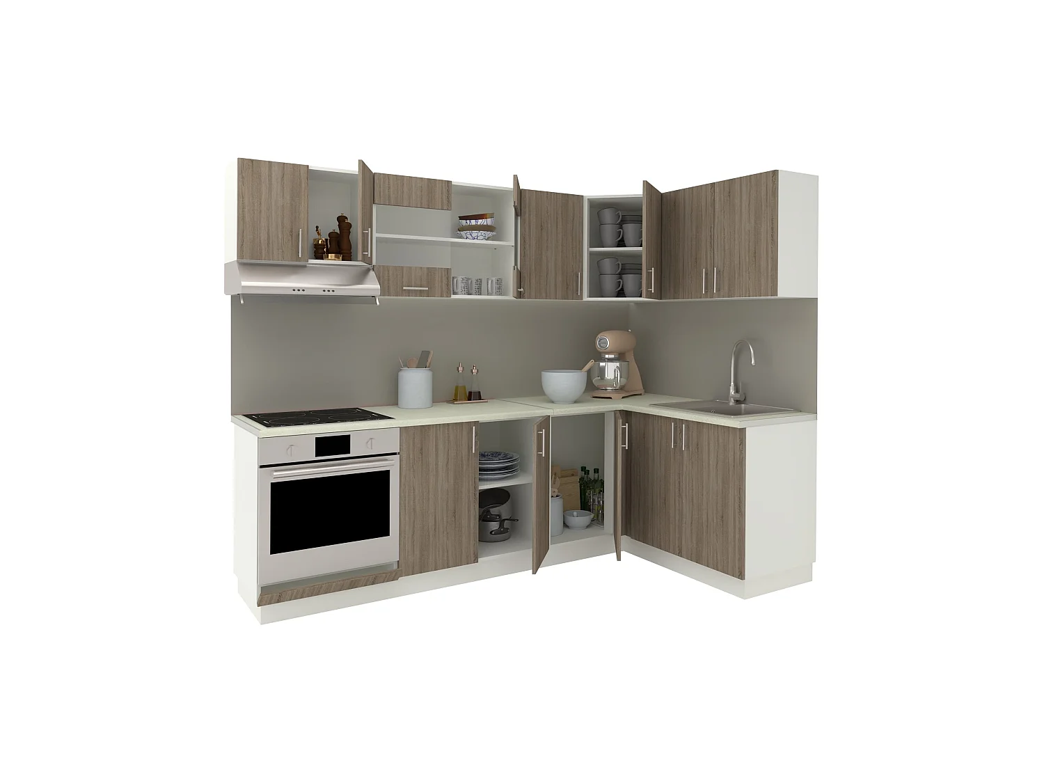 Conjunto de Cozinha haaus Karo V34, Carvalho Sonoma Escuro/Branco, Bancada Thermo 28 mm, L 240 x 140