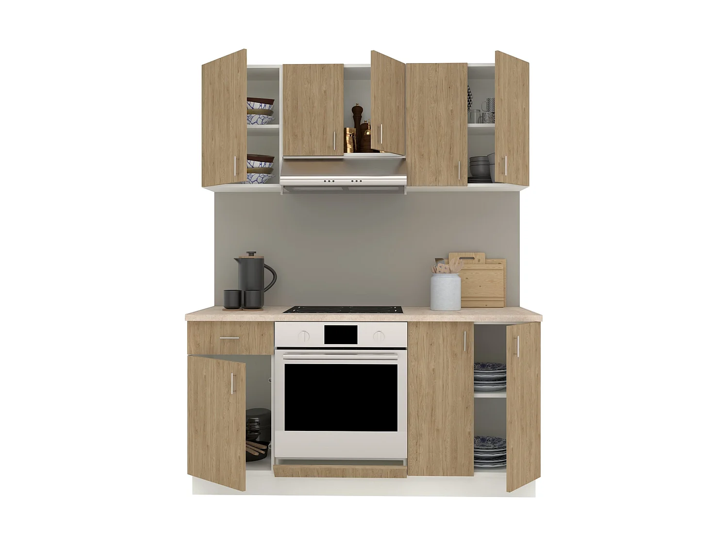 Conjunto de Cozinha haaus Karo V6, Madeira Natural/Branco, Bancada Thermo 28 mm, L 160 cm