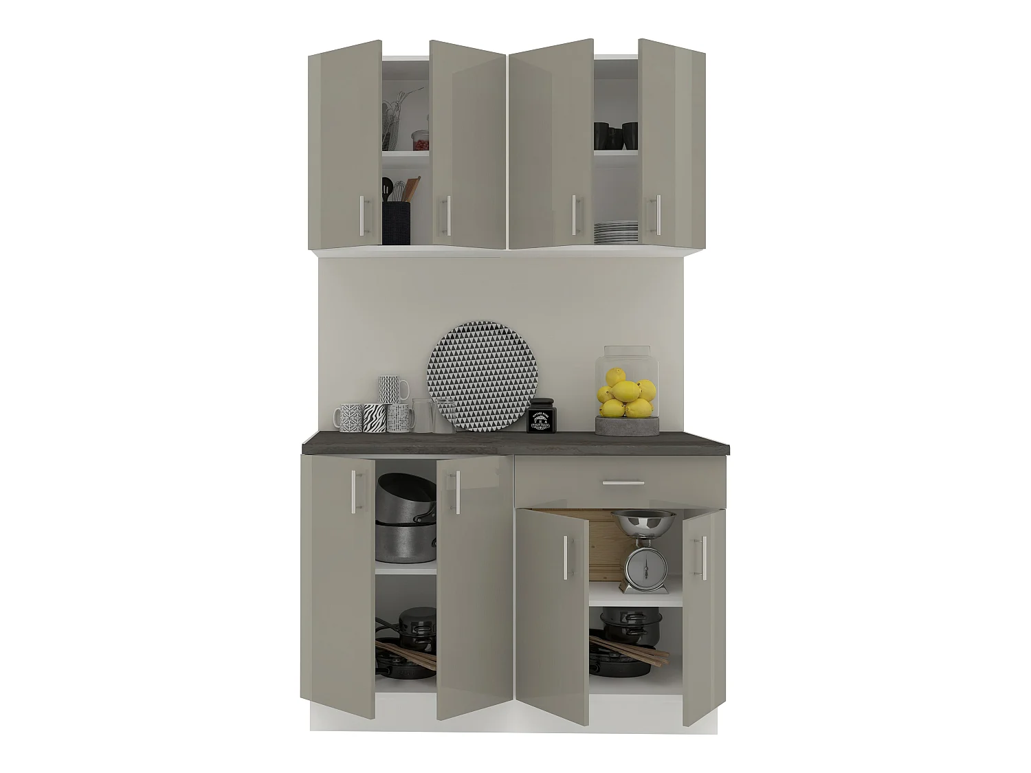 Set Cozinha haaus Karo V2, Cinza Brilhante/Branco, MDF, Tampo Thermo 28 mm, L 120 cm