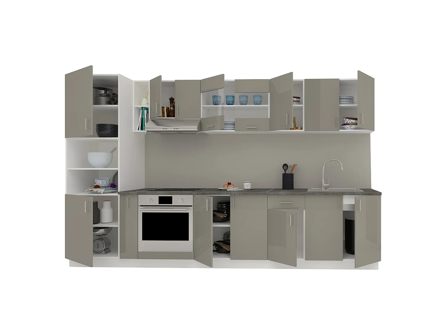 Set Cozinha haaus Karo V33, Cinza Brilhante/Branco, MDF, Tampo Thermo 28 mm, L 340 cm