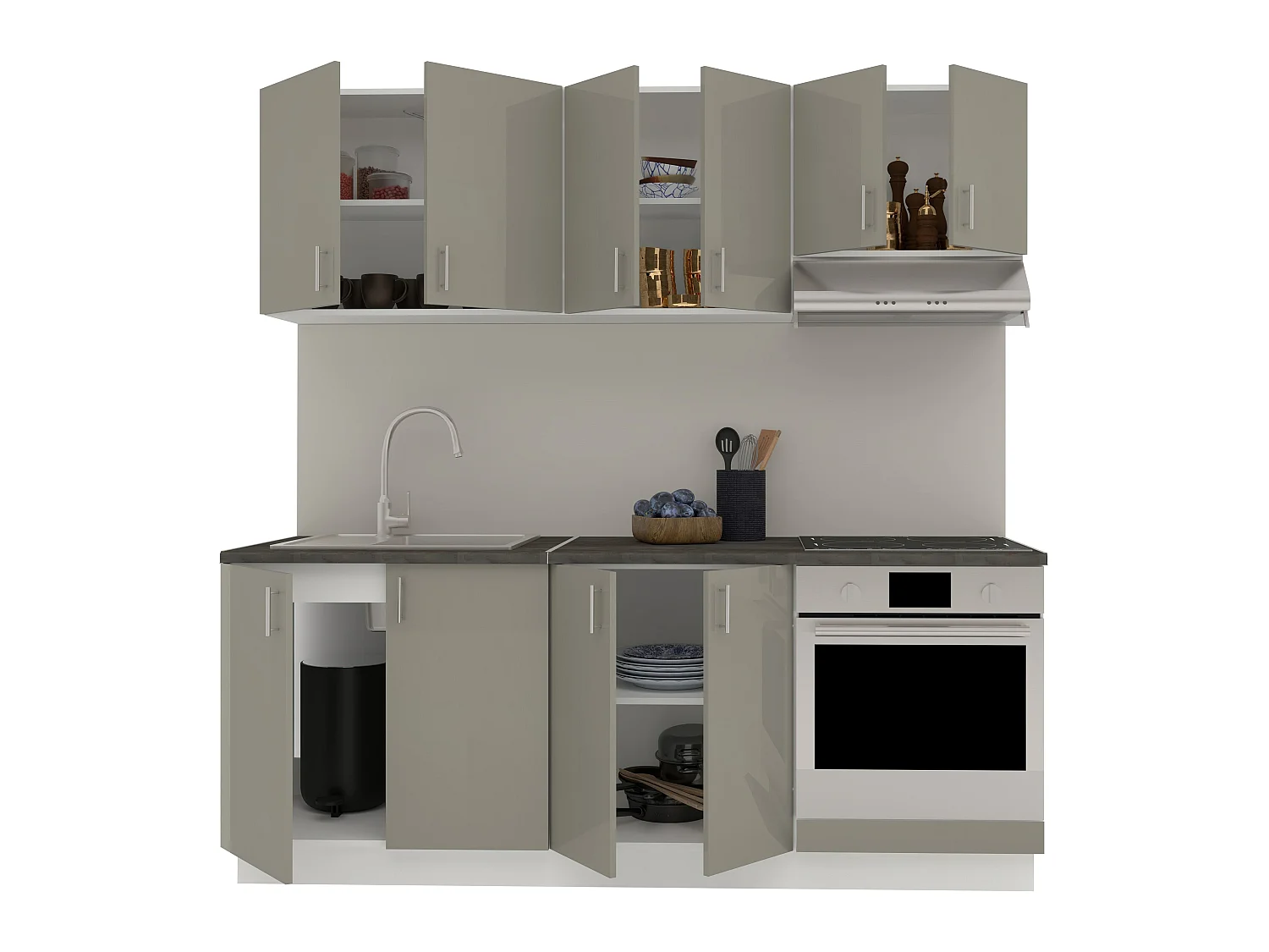 Set Cozinha haaus Karo V10, Cinza Brilhante/Branco, MDF, Tampo Thermo 28 mm, L 200 cm