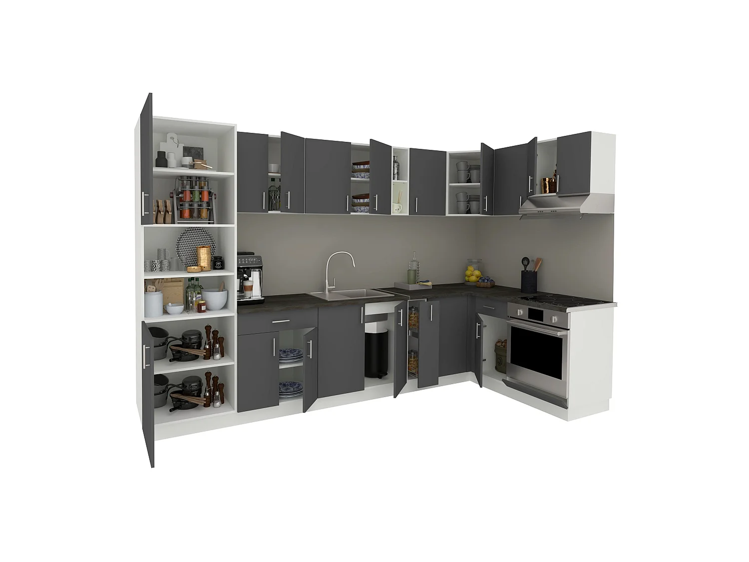 Set Cocina haaus Esquina Karo V35, Antracita/Blanco, Encimera Thermo 28 mm, L 320 x 160 cm
