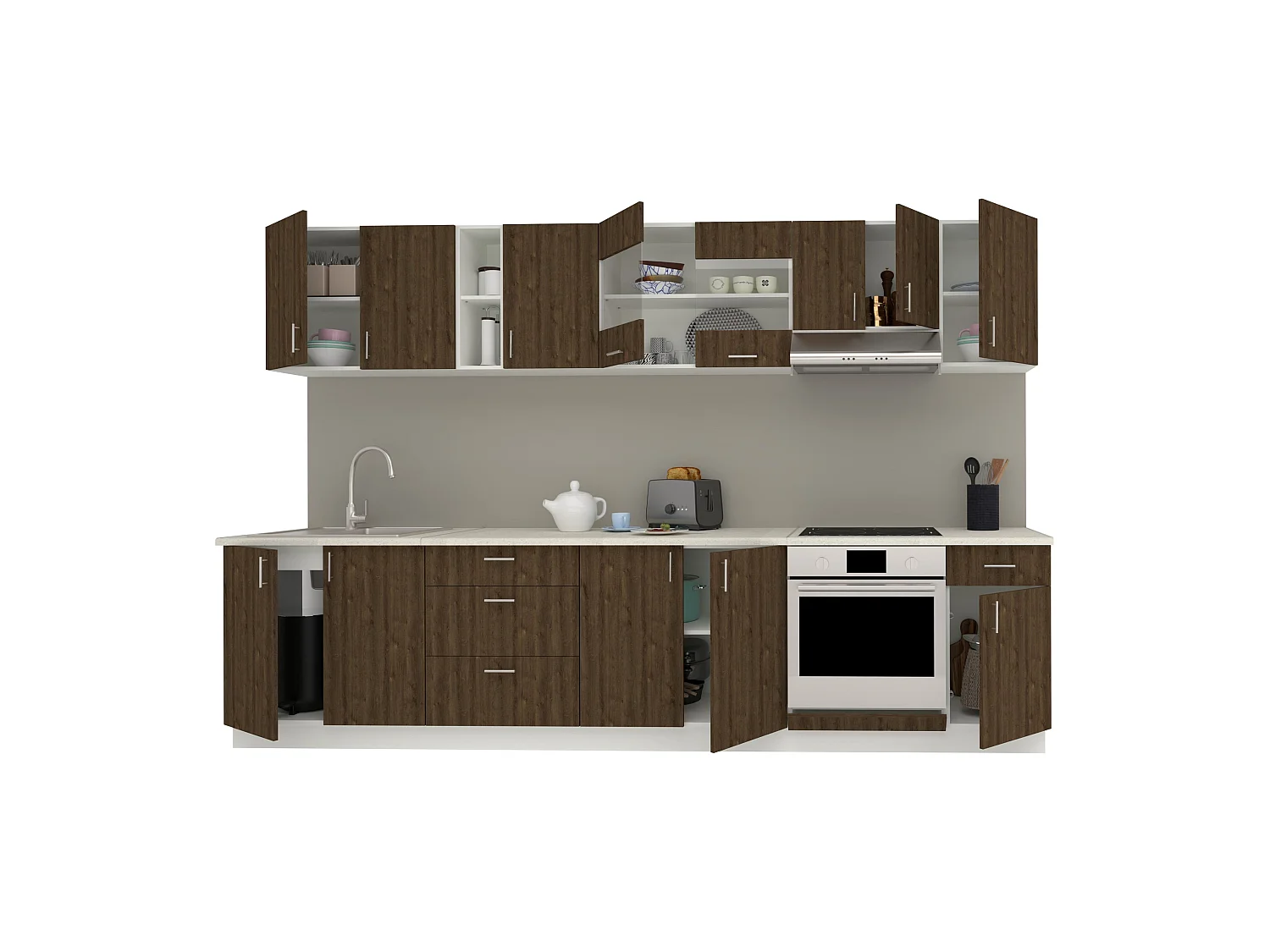 Set Cuisine haaus Karo V28, Chêne bronze/Blanc, Plan de travail Thermo 28 mm, L 320 cm