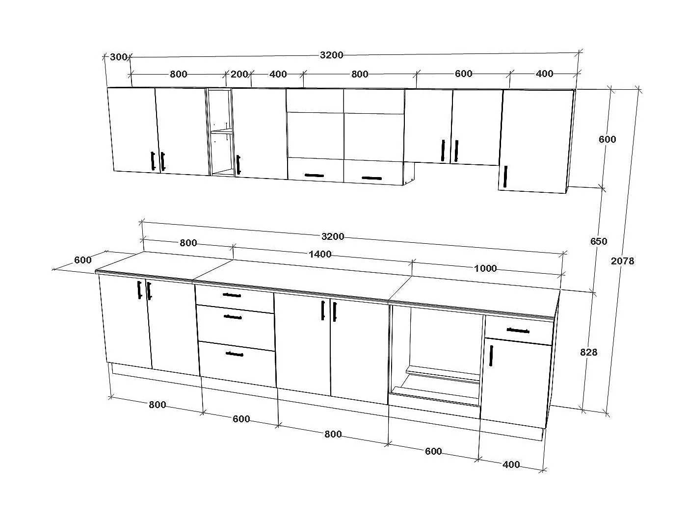 Set Cuisine haaus Karo V28, Chêne bronze/Blanc, Plan de travail Thermo 28 mm, L 320 cm