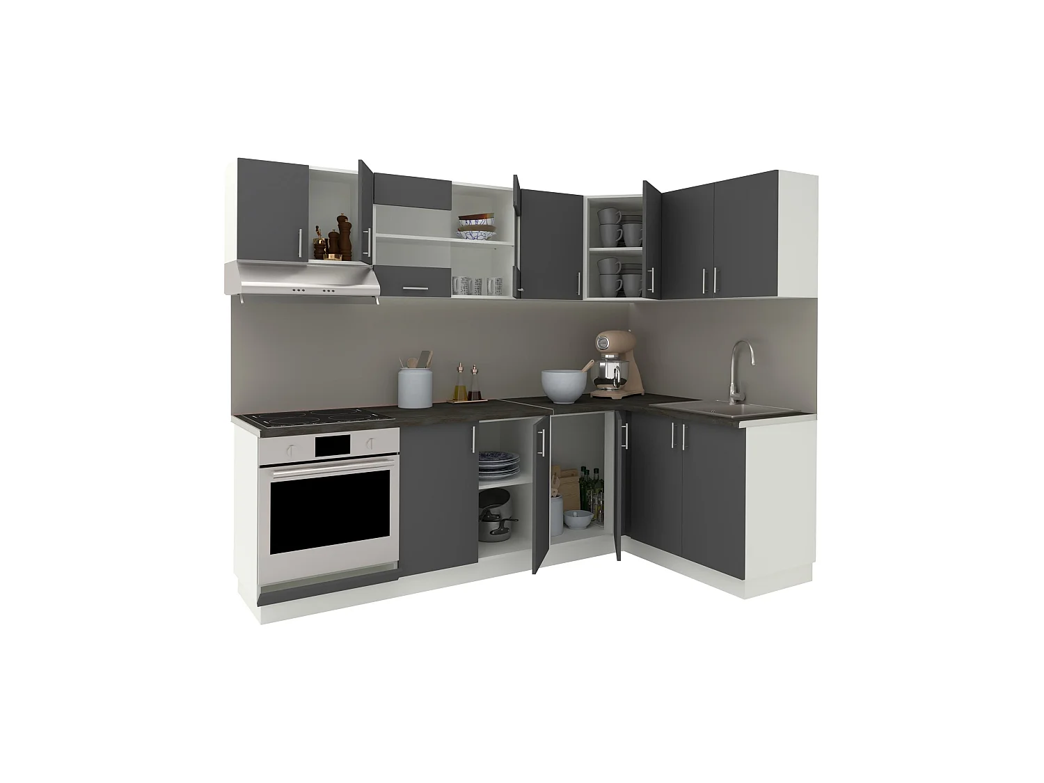 Set Cocina haaus Esquina Karo V34, Antracita/Blanco, Encimera Thermo 28 mm, L 240 x 140 cm