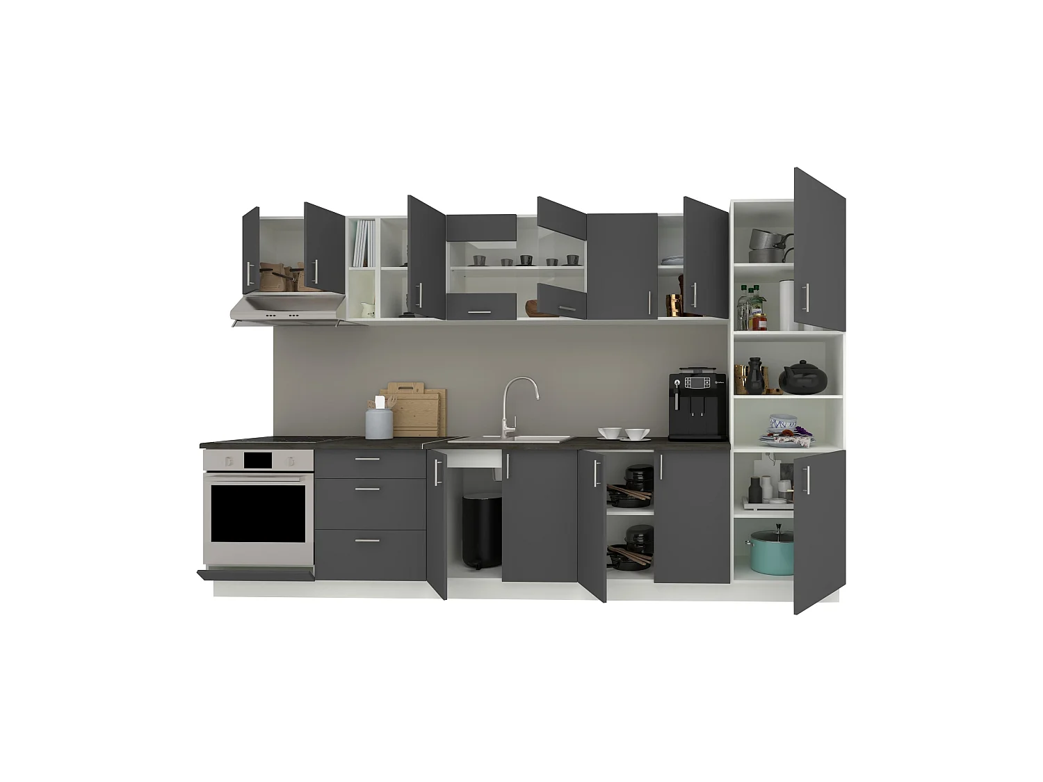 Conjunto Cozinha haaus Karo V31, Antracite/Branco, Tampo Thermo 28 mm, L 340 cm