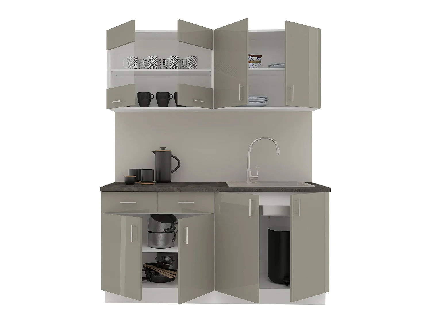 Set Cozinha haaus Karo V8, Cinza Brilhante/Branco, MDF, Tampo Thermo 28 mm, L 160 cm