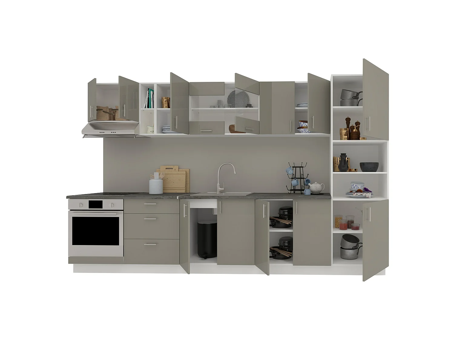 Set Cozinha haaus Karo V31, Cinza Brilhante/Branco, MDF, Tampo Thermo 28 mm, L 340 cm