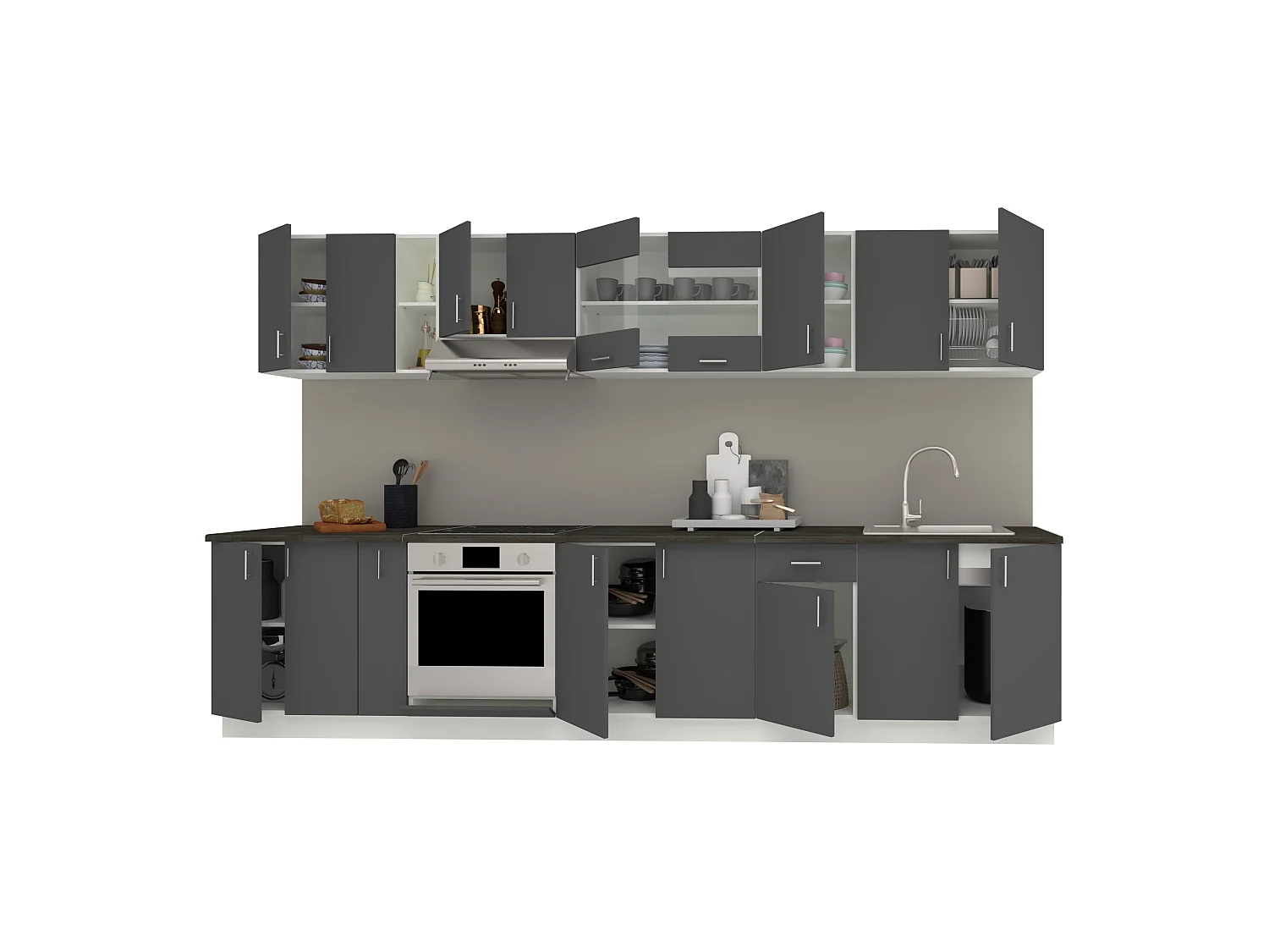 Conjunto Cozinha haaus Karo V32, Antracite/Branco, Tampo Thermo 28 mm, L 340 cm