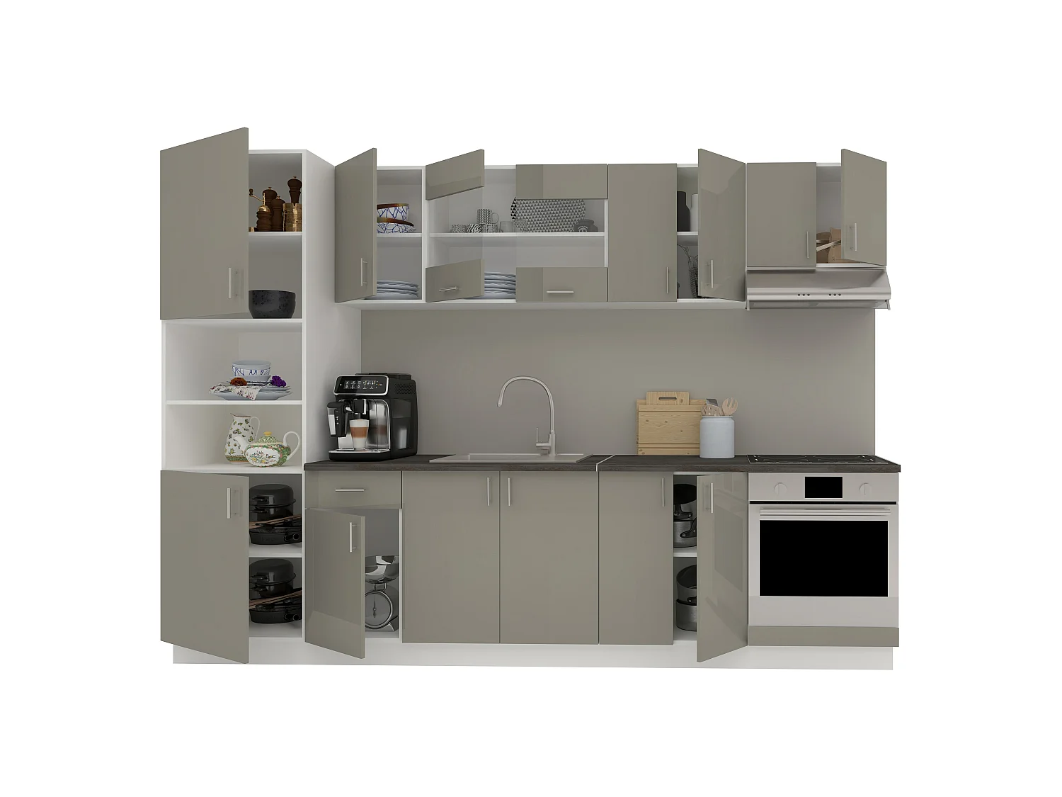 Set Cozinha haaus Karo V27, Cinza Brilhante/Branco, MDF, Tampo Thermo 28 mm, L 300 cm
