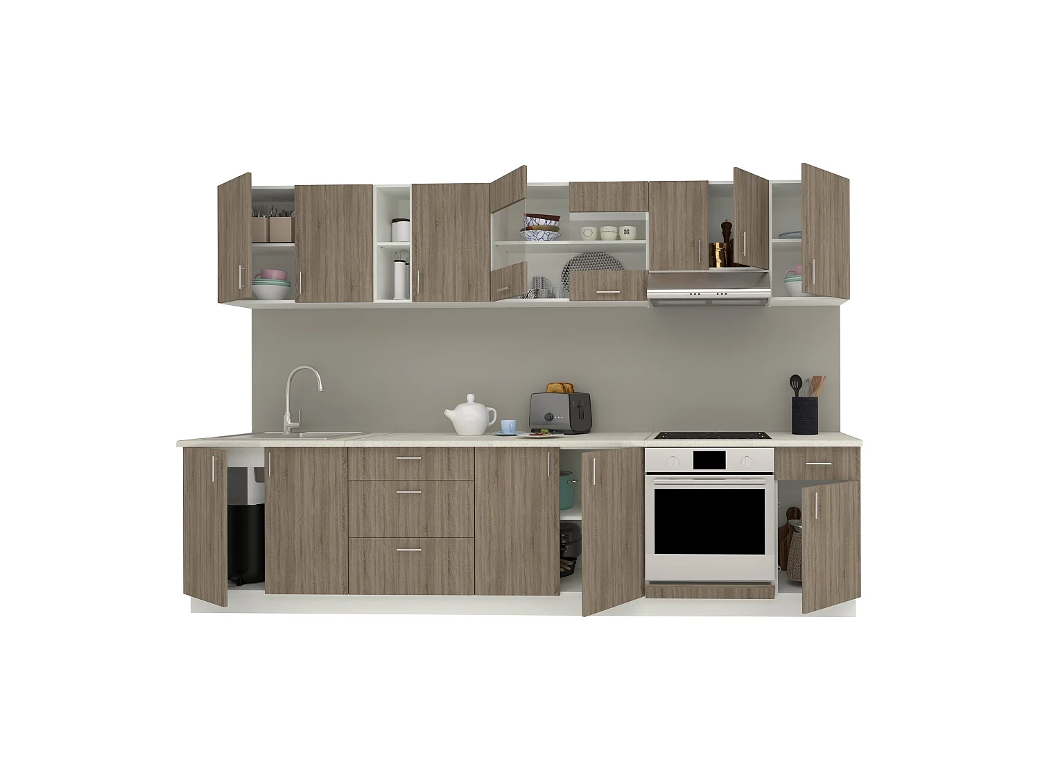 Set Cucina haaus Karo V28, Rovere Sonoma Scuro/Bianco, Piano di lavoro Thermo 28 mm, L 320
