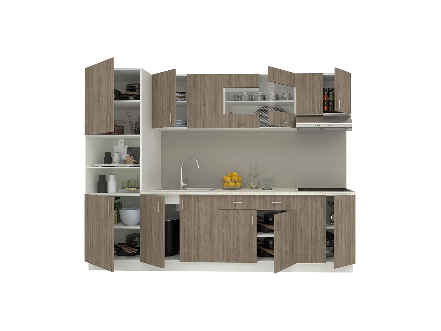 Set Cucina haaus Karo V23, Rovere Sonoma Scuro/Bianco, Piano di lavoro Thermo 28 mm, L 280