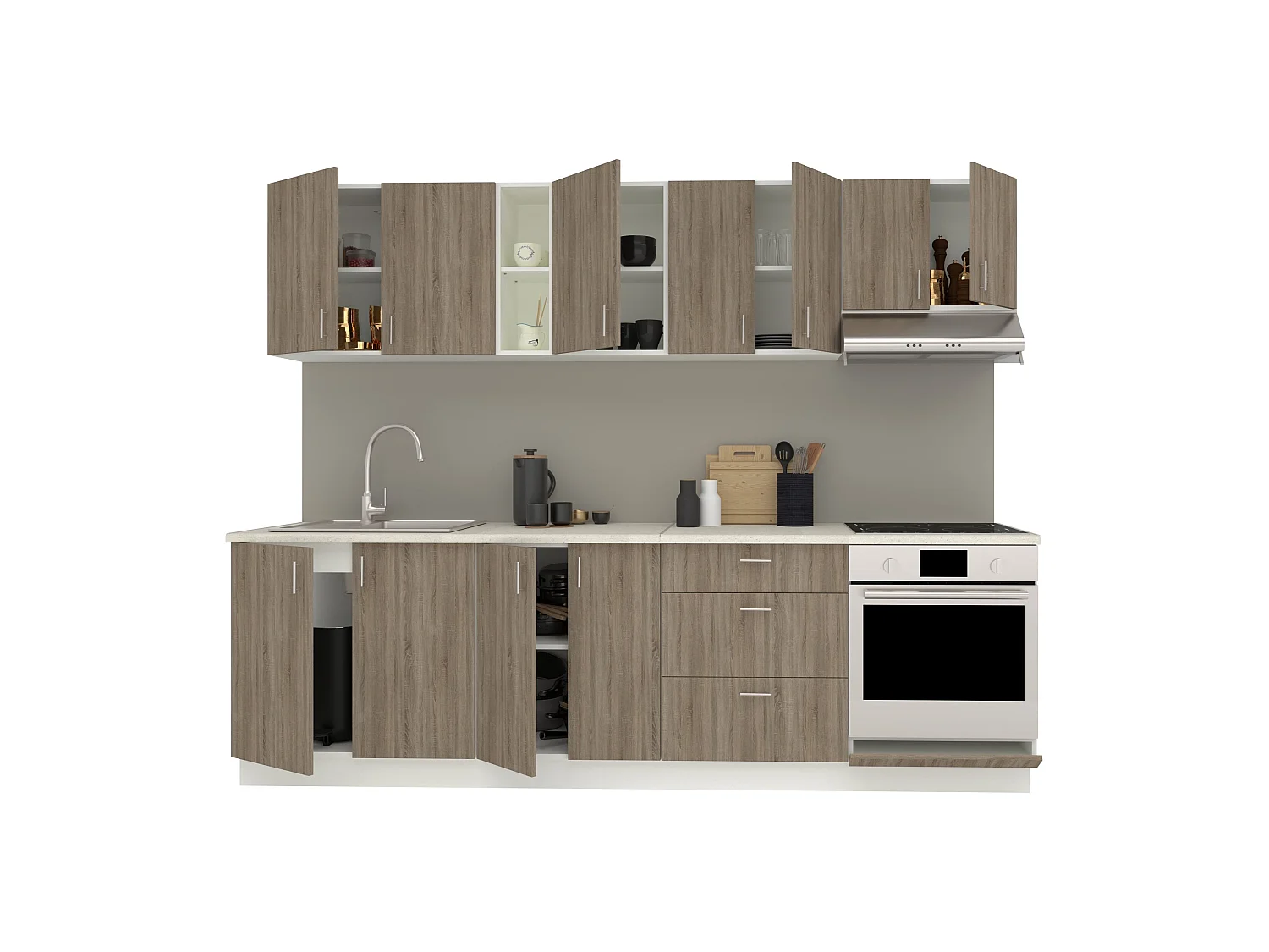 Set Cucina haaus Karo V18, Rovere Sonoma Scuro/Bianco, Piano di lavoro Thermo 28 mm, L 260