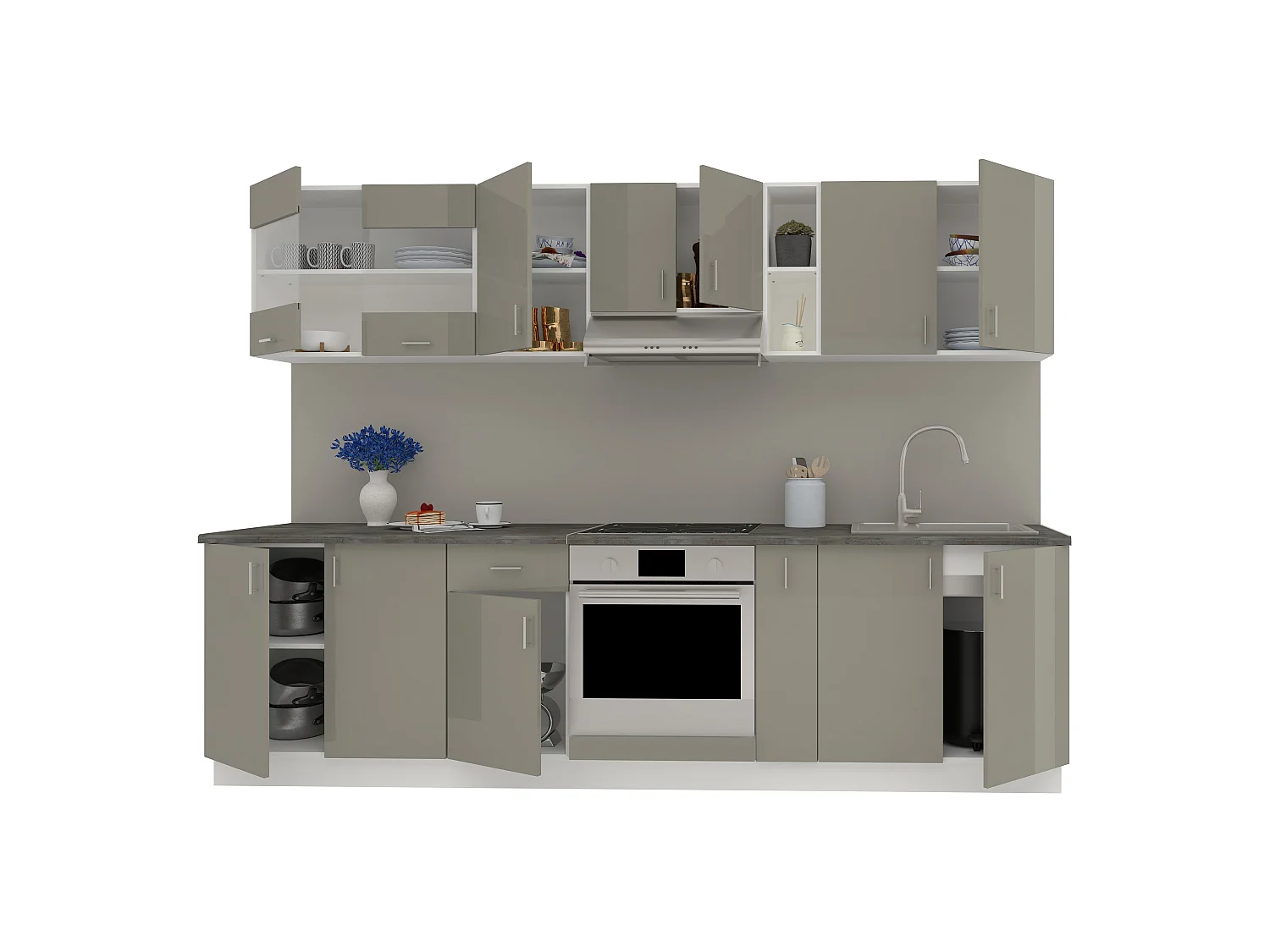Set Cozinha haaus Karo V21, Cinza Brilhante/Branco, MDF, Tampo Thermo 28 mm, L 280 cm