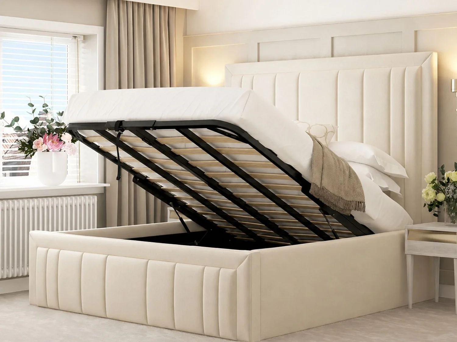 Emperor Upholstered Bed Frame with 54" Headboard & Ottoman Storage (Mattress not included) (Cream) - 90 x 190 cm