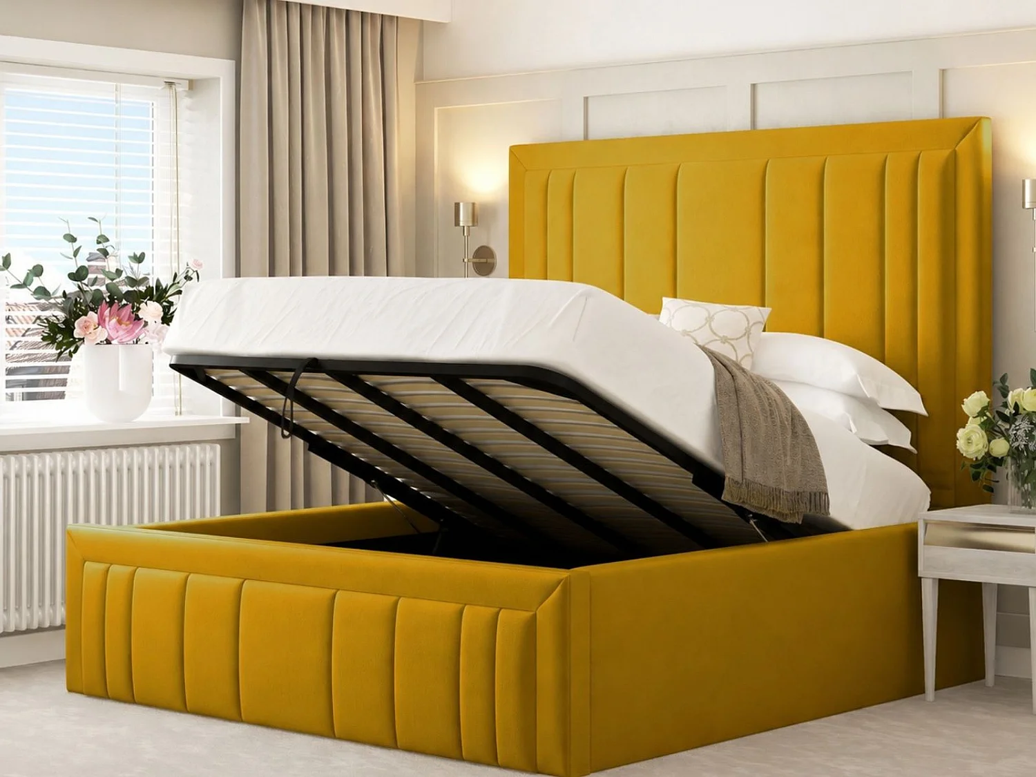 Emperor Upholstered Bed Frame with 54" Headboard & Ottoman Storage (Mattress not included) (Mustard) - 90 x 190 cm