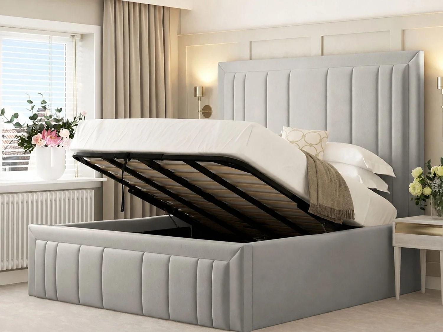Emperor Upholstered Bed Frame with 54" Headboard & Ottoman Storage (Mattress not included) (Silver) - 180 x 200 cm