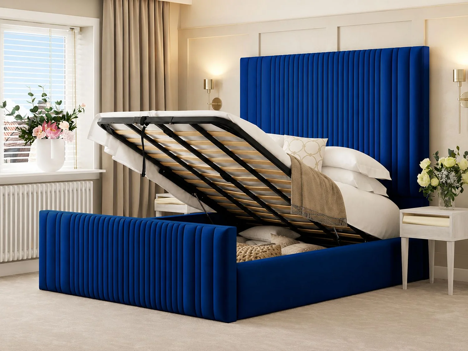 Aspire Upholstered Bed Frame Ottoman Gas Lift Storage with 70" Headboard (Blue) - 180 x 200 cm